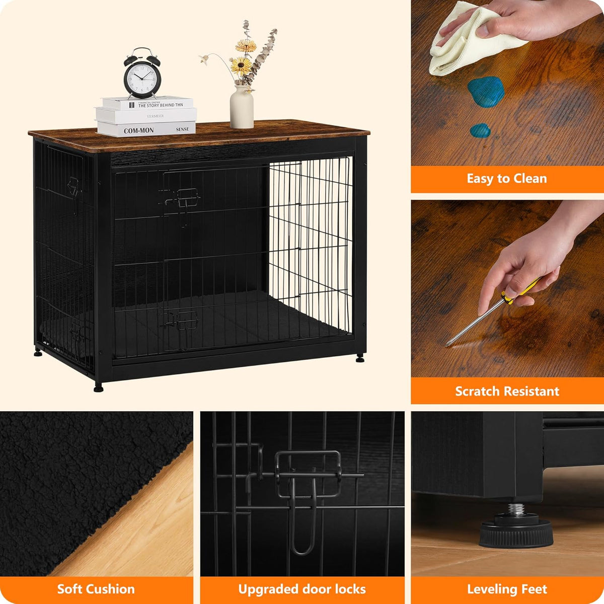 DWANTON Dog Crate Furniture with Cushion, Wooden Kennel Table with Double Doors, Indoor Dog House