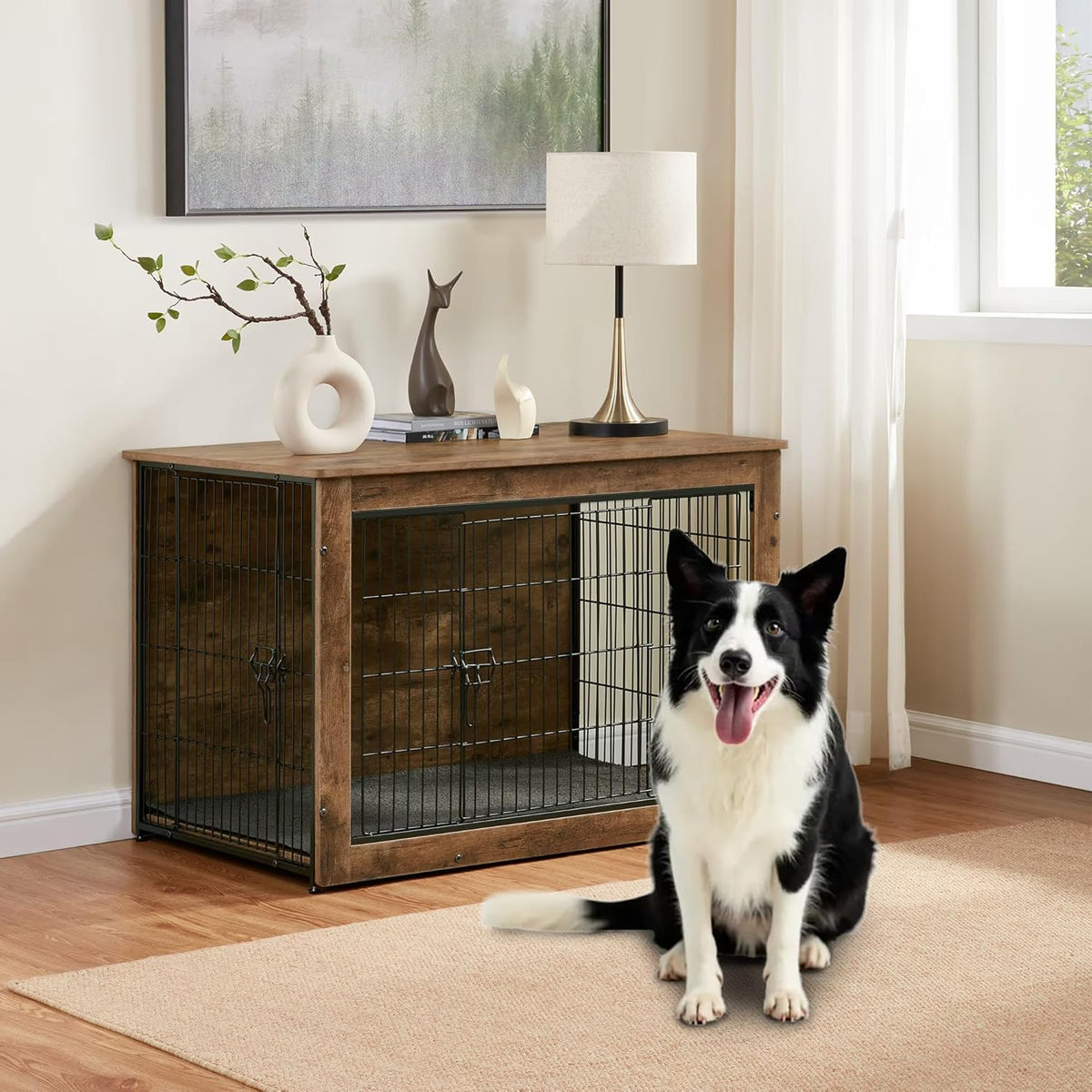 Dog Kennel Furniture, Wooden Dog Crate End Table with Dual Doors, Chew-Proof Design & Cushion