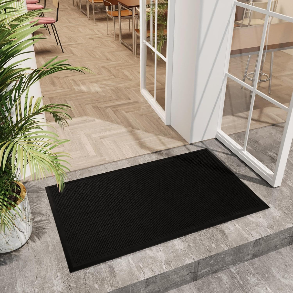 Indoor/Outdoor Hose-Wash Ribbed Design Non-Slip Rubber 3x5 Modern Area Rug for Living Room