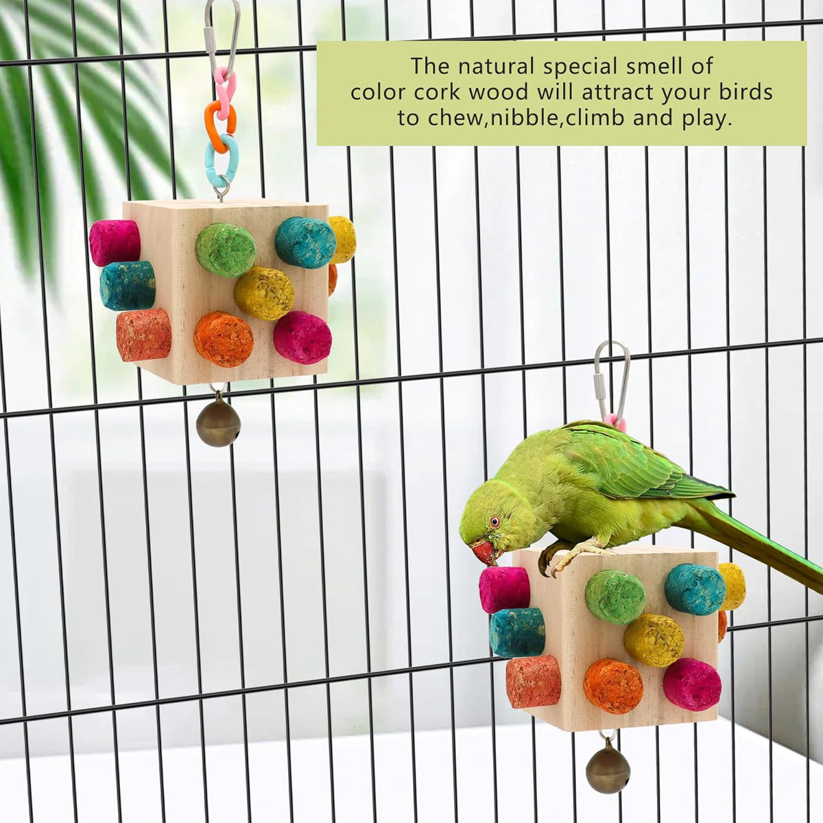 Square Bird Chew Toy, Parrot Cork Stopper Toys Bird Swing Bell Hanging Wooden Puzzle Foraging Toys