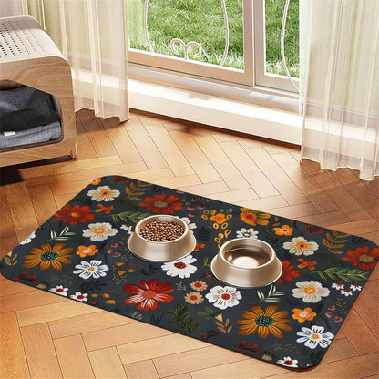 Flower Berries Dog Food Mat Absorbent Bowl Mats No Stains Quick Dry Waterproof Pet Cat Placemats