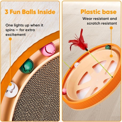 20-Inch Round Cat Scratcher with Ball Track – 3-in-1 Cardboard Cat Scratching Pad with Feather