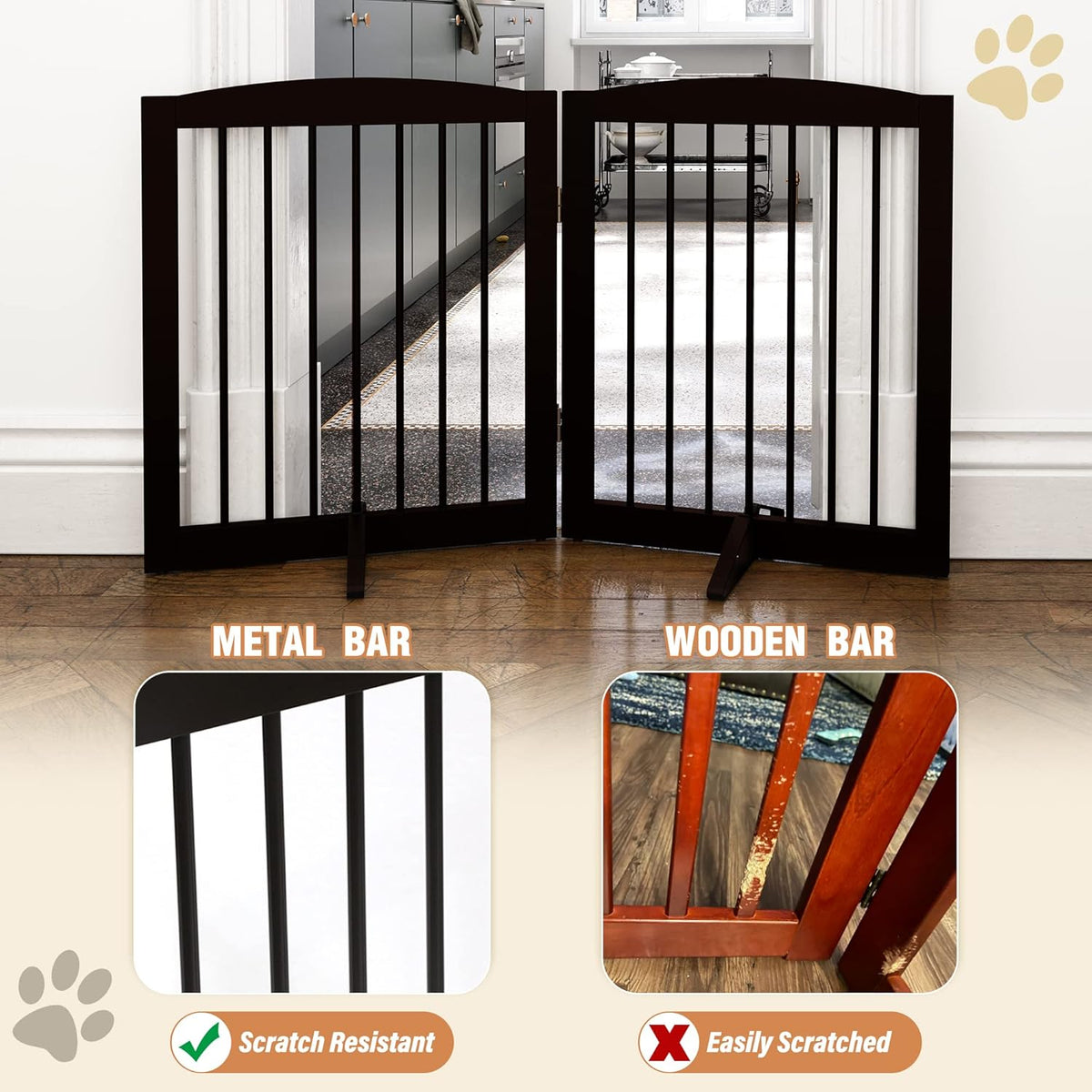 Freestanding Pet Gate for Dogs, Foldable Wooden Dog Gate for House, Indoor Pet Barrier for Stairs
