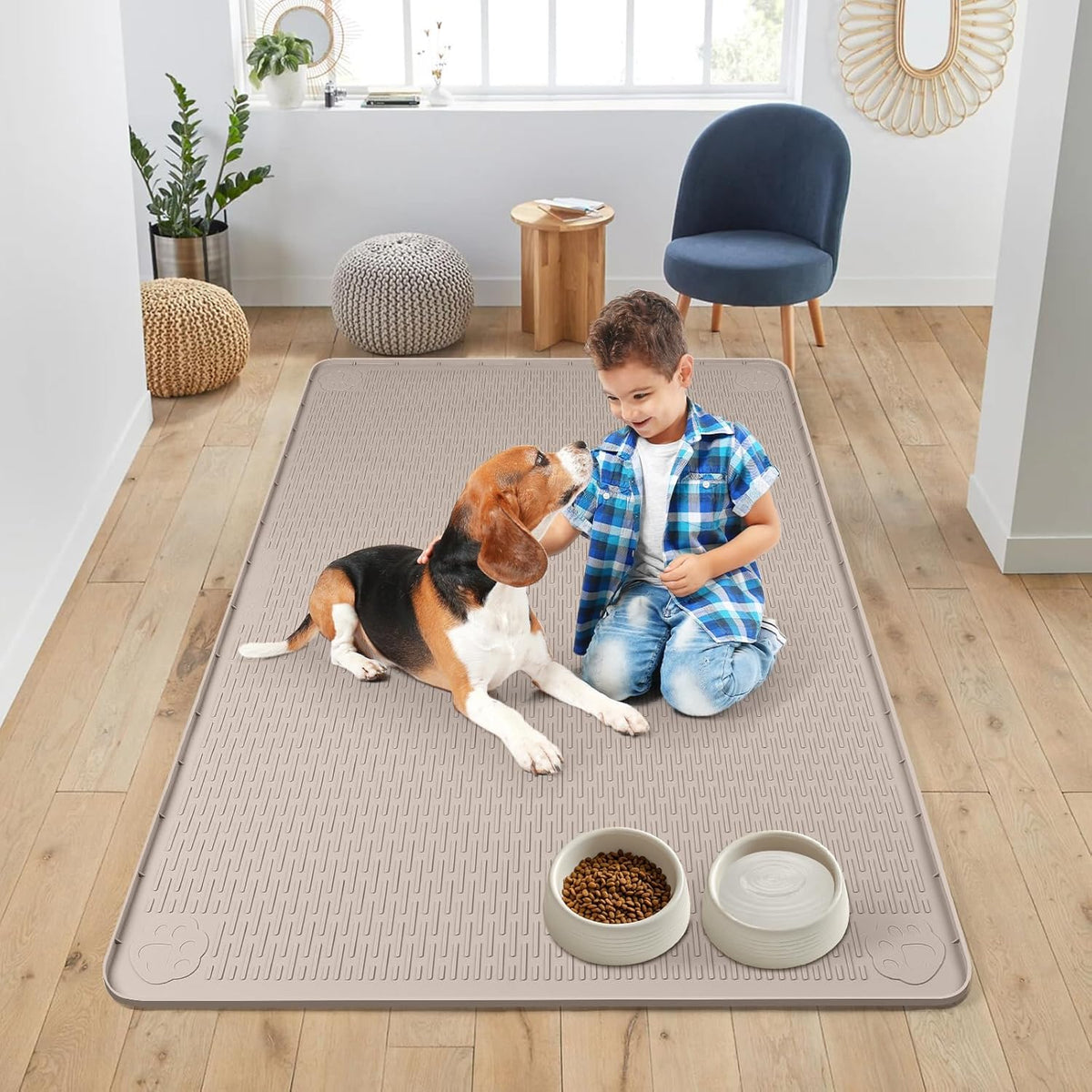 Dog Food Mat, Extra Large 50" x 35" Silicone Pet Feeding Mat with Raised Edge Pet Placemat for