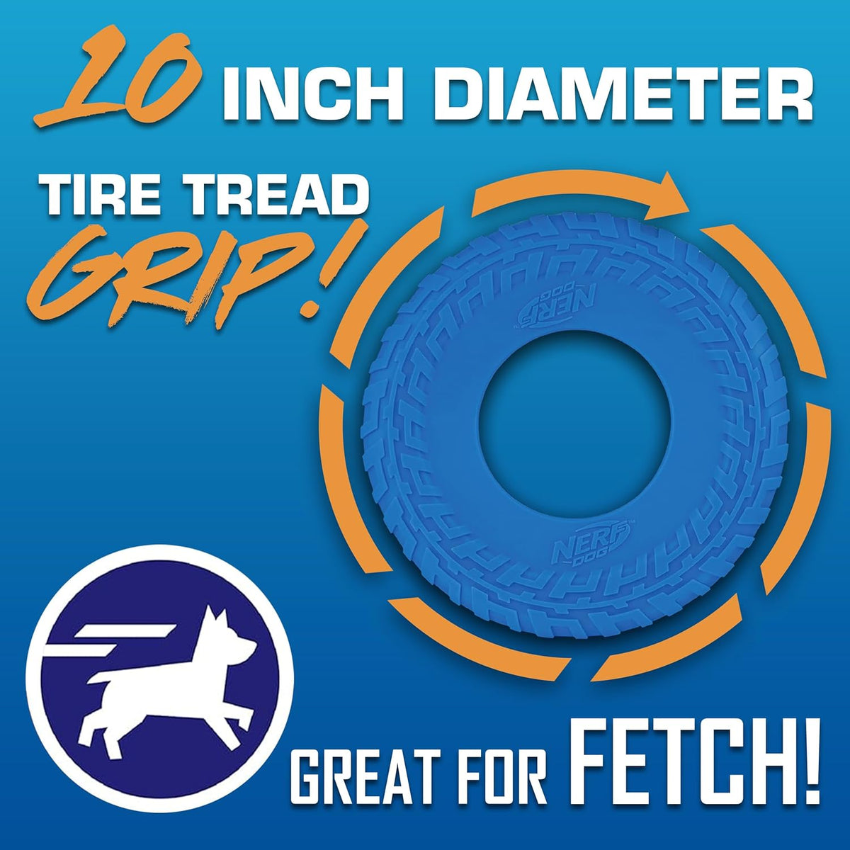Nerf Dog Tire Flyer Outdoor Dog Toy, 10 Inch Flying Disc Dog Fetch Toy, Rubber Dog Toy for Medium