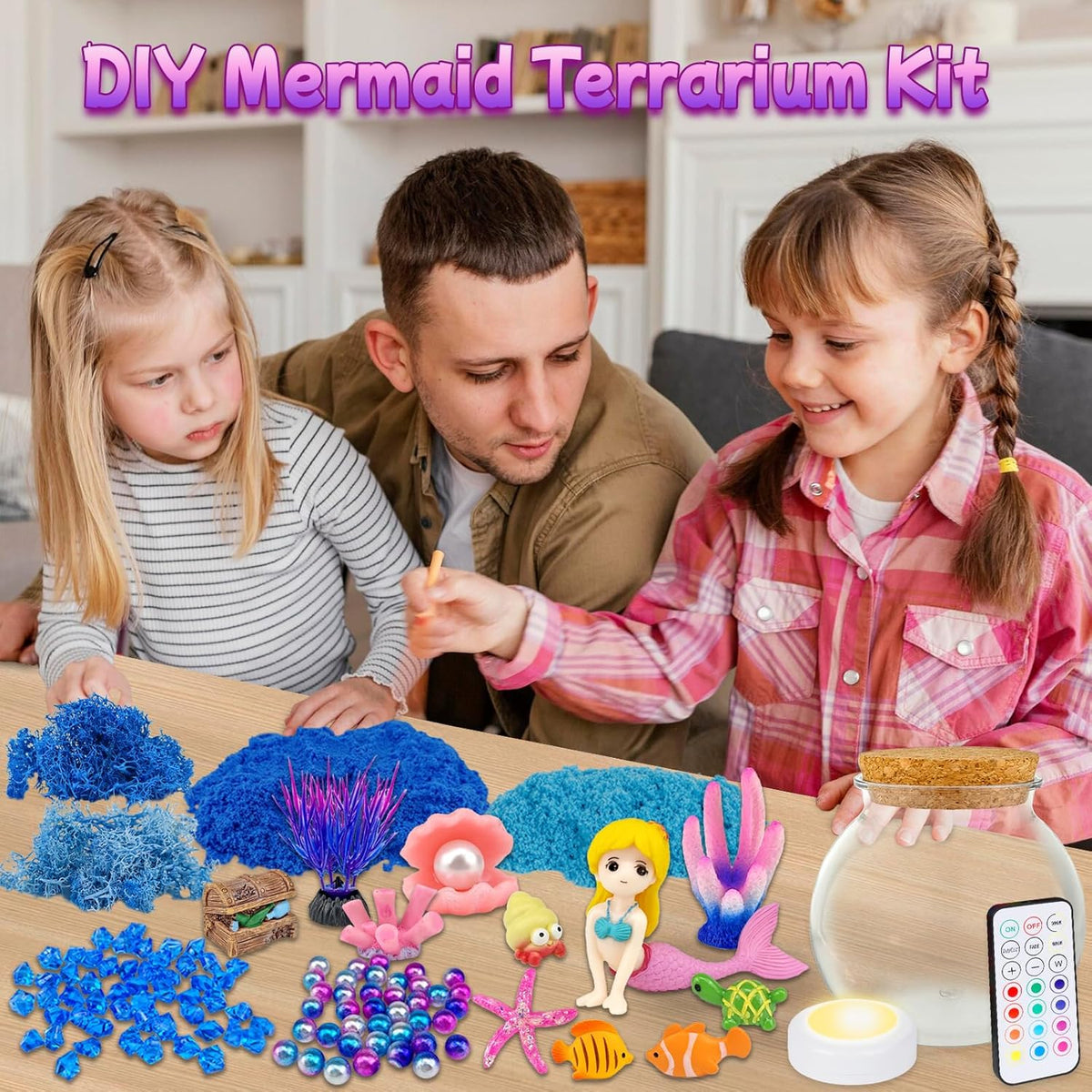 Mermaid Terrarium Craft Kit for Kids - LED Night Light Up & Remote Mermaid Birthday Gifts Toys for