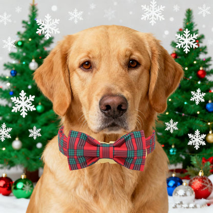 Unique Style Paws Christmas Dog Collar with Bow Red Green Plaid Cotton Puppy Collars for Small