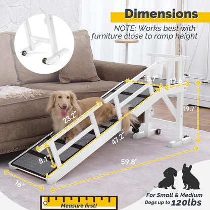 Dog Ramp for Bed or Couch, Wooden Pet Ramp with 20° Gentle Slope, Removable Side Rails, Non-Slip