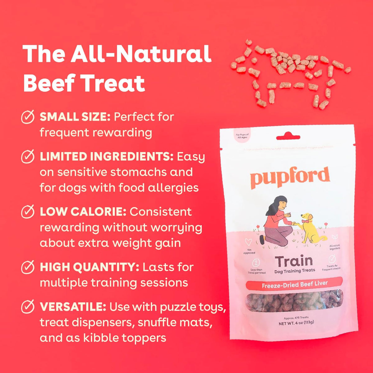 Pupford Freeze Dried Training Treats for Dogs & Puppies, 475+ Three Ingredient Bites (Beef Liver, 4