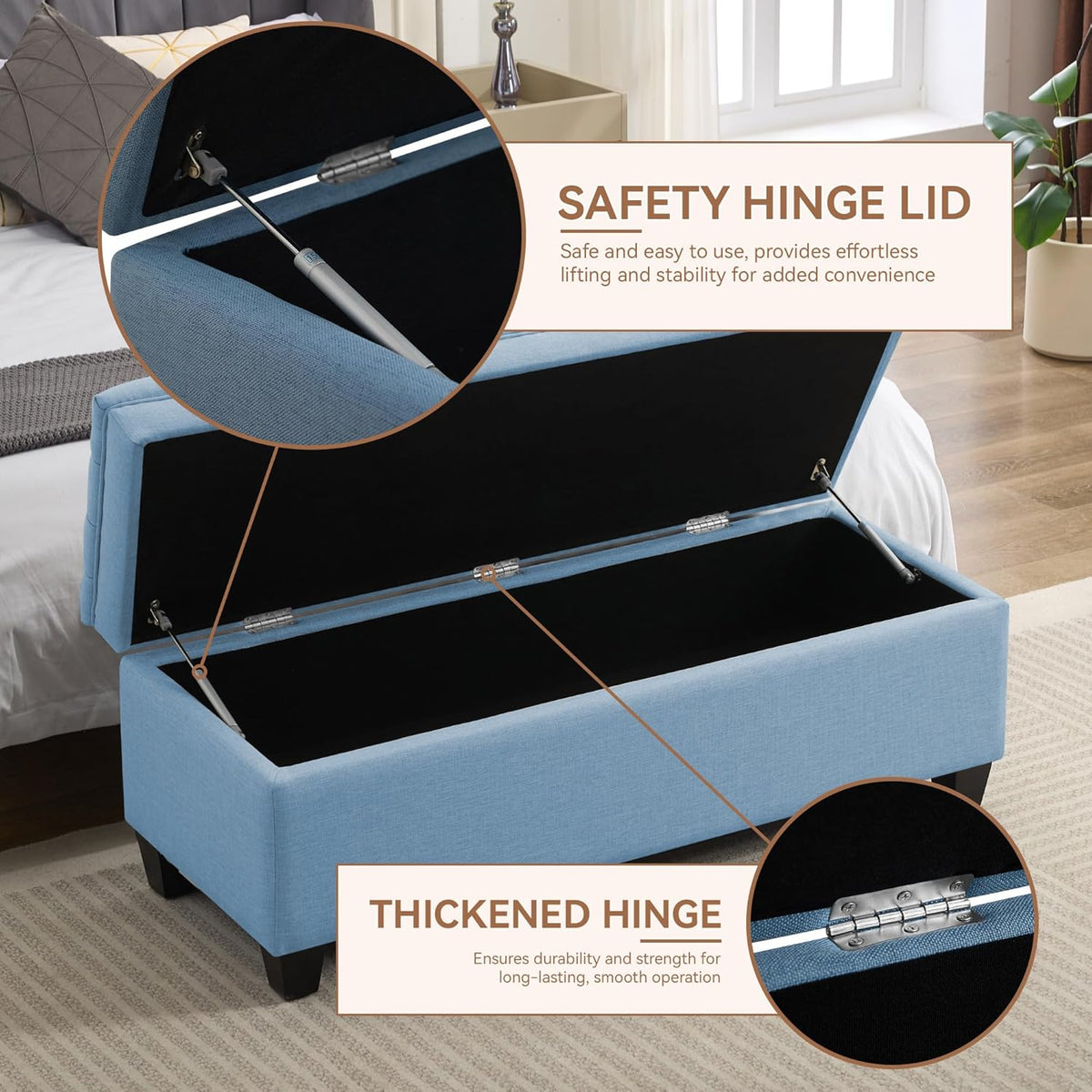 51" Fabric Storage Ottoman Bench, Upholstered Rectangle End of Bed Storage Ottoman Tufted Living