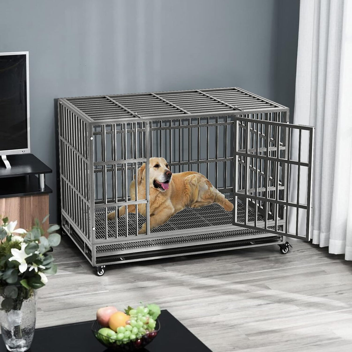 LEMBERI 48/38 inch Heavy Duty Indestructible Dog Crate, Escape Proof Dog Cage Kennel with Lockable