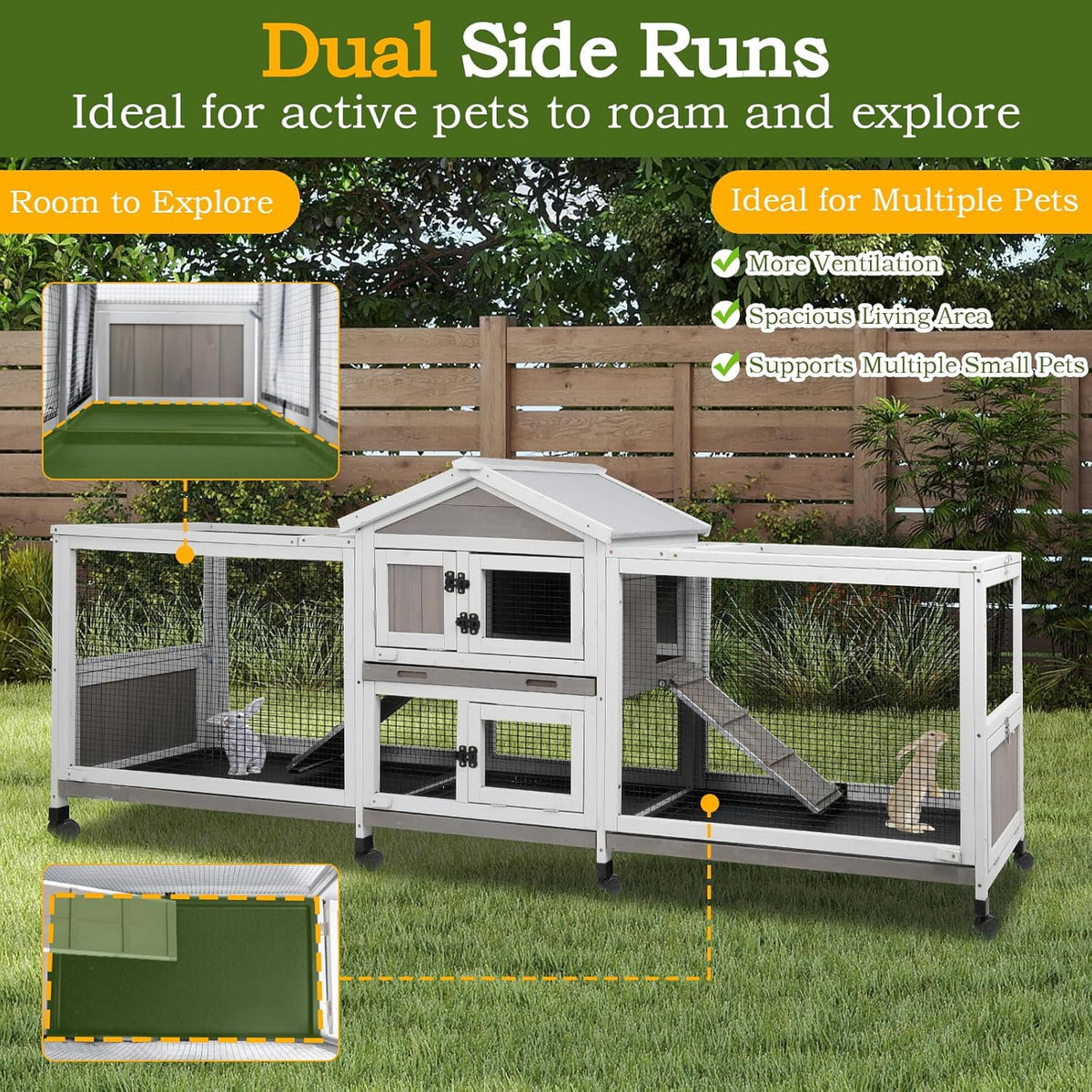 Double Rabbit Hutch Outdoor Indoor Large Bunny Cage with Dual Side Runs, 2-Story Wooden Hutch with