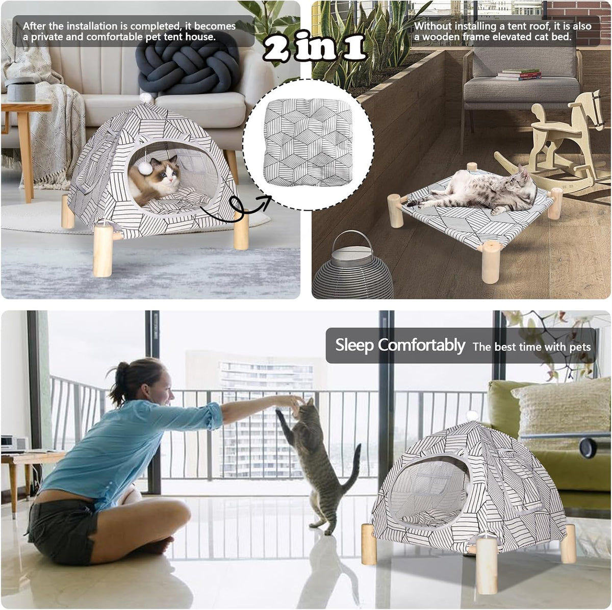 2-in-1 Elevated Cat Tent Cat House, Quick Assembly and Disassembly, Portable Indoor/Outdoor Cute