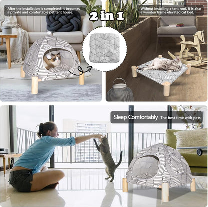 2-in-1 Elevated Cat Tent Cat House, Quick Assembly and Disassembly, Portable Indoor/Outdoor Cute