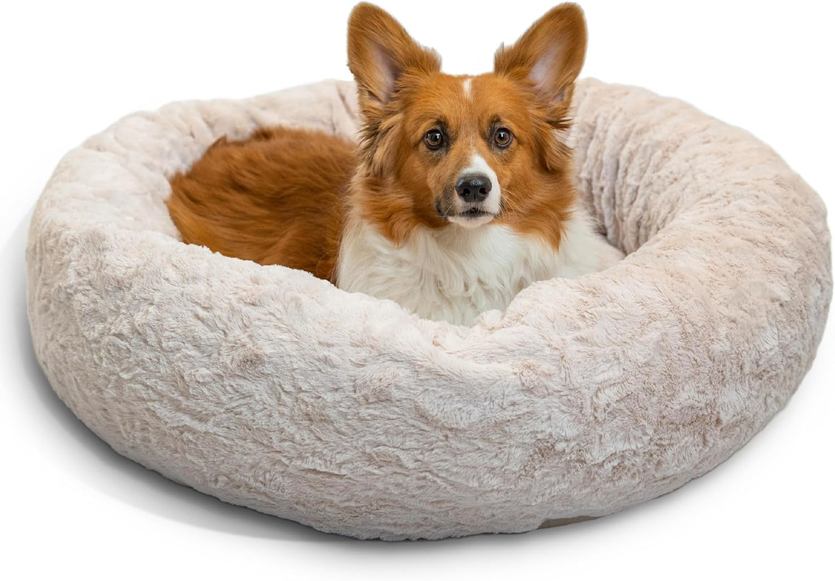 Best Friends by Sheri Original Calming Donut Dog and Cat Bed, Lux Faux Fur, Oyster, (30in x 30in)