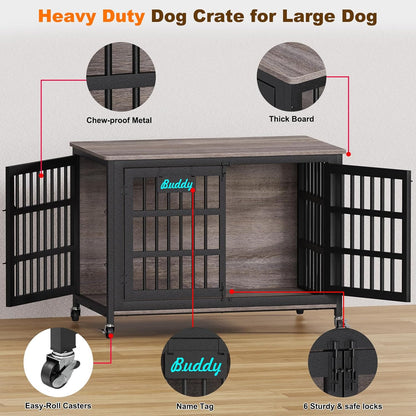 EasyCom 48"/42"/33" XXL Dog Crate Furniture with Casters, Heavy Duty Dog Kennel Indoor for Large