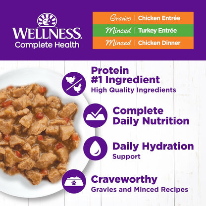 Wellness Complete Health Gravy & Minced Adult Wet Cat Food, Natural, Protein-Rich, Grain-Free, 3