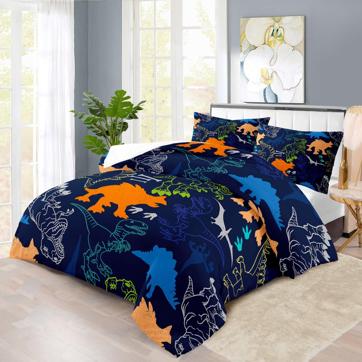 Blue Dinosaur Comforter Set Queen Boys,Cute Dinosaur Bedding Set Queen for Kids,Kawaii Dragon