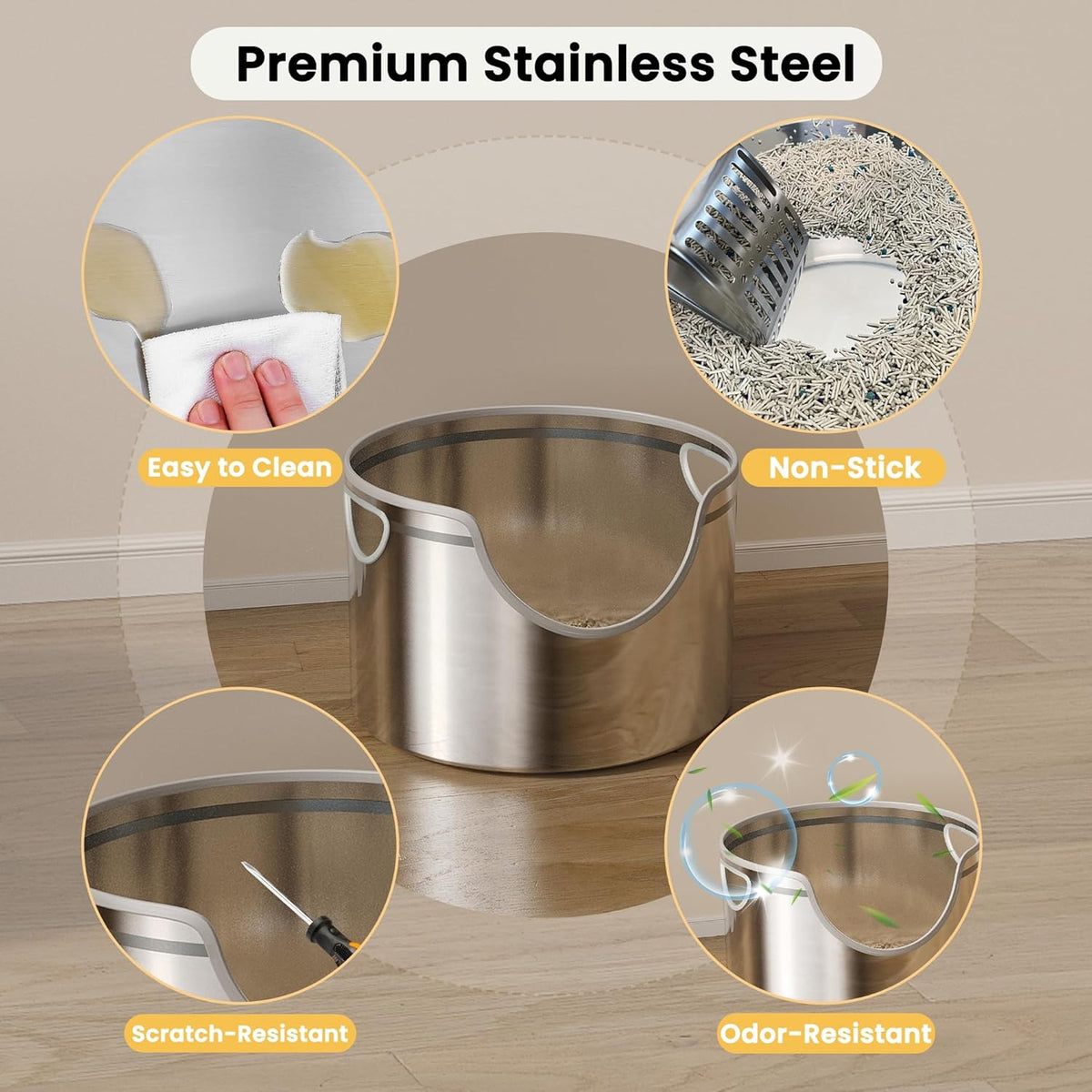 Stainless Steel Litter Box Metal with Integrated Round for XL/XXL Big and Multi Cats, 12" High Wall