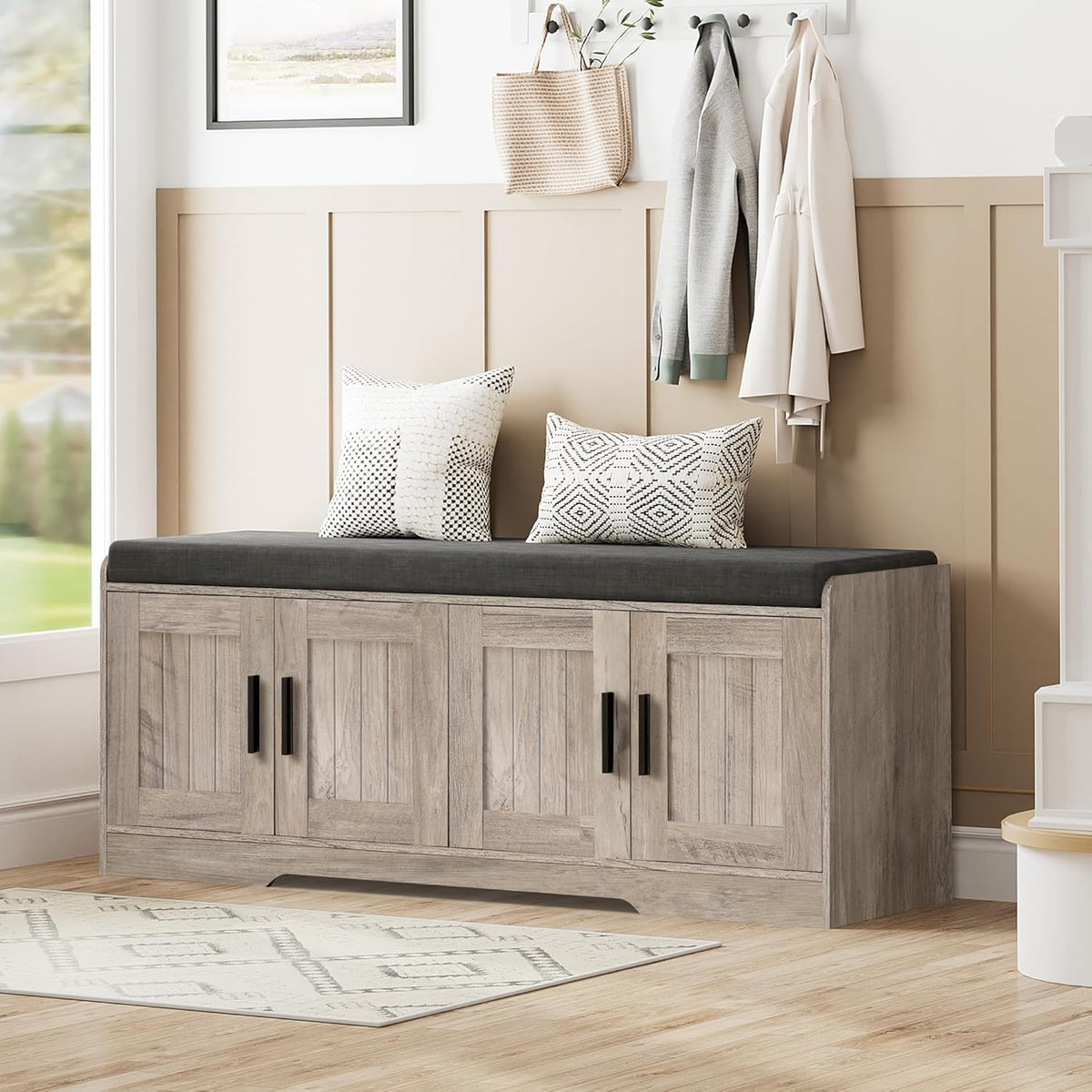 2-Tier Storage Bench, Shoe Bench with Thickened Padded Seat Cushion, Entryway Bench with 4 Doors