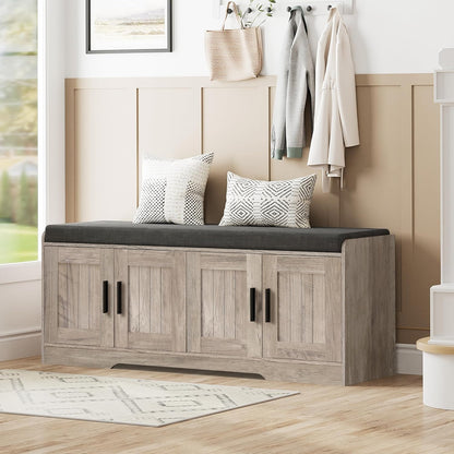 2-Tier Storage Bench, Shoe Bench with Thickened Padded Seat Cushion, Entryway Bench with 4 Doors
