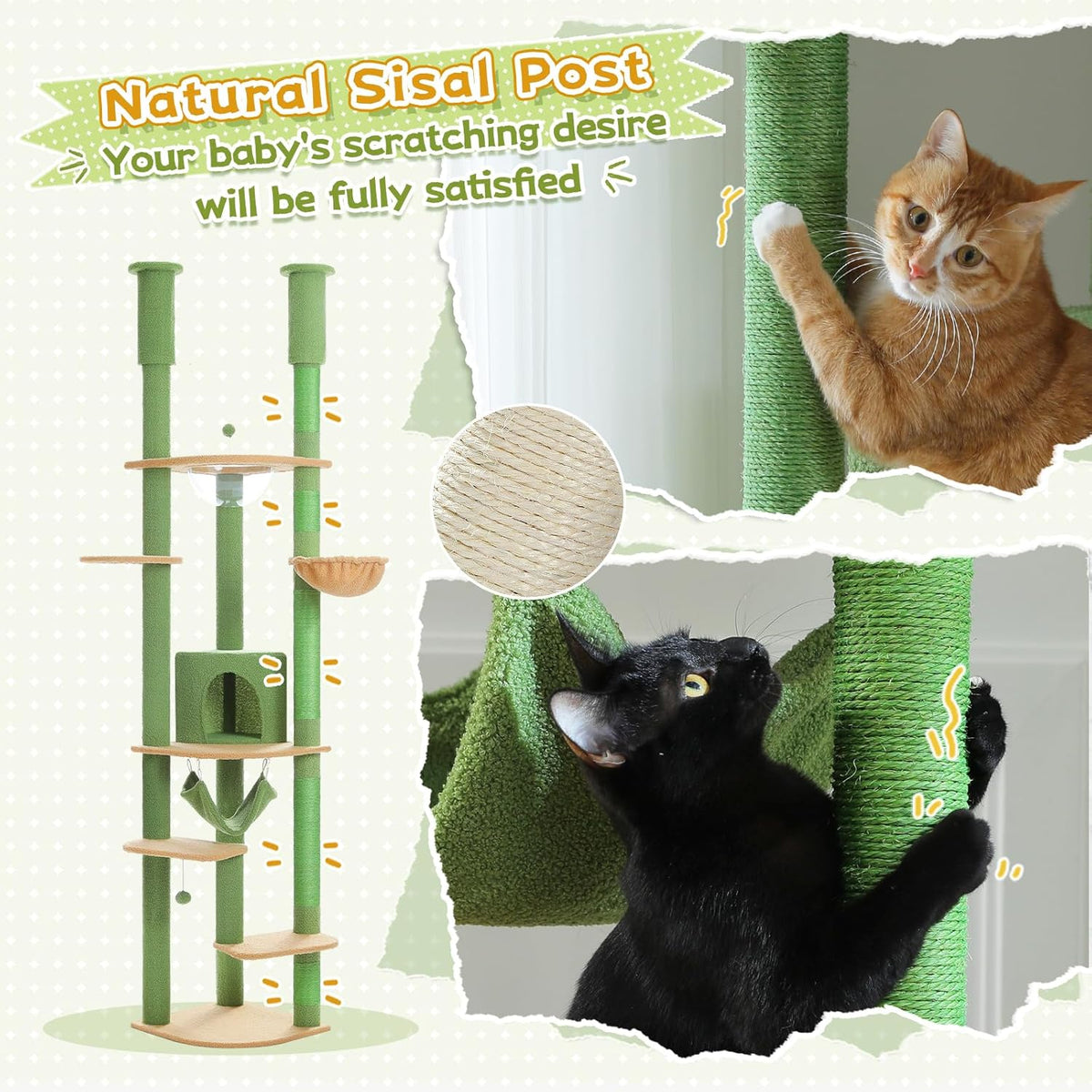PEQULTI Floor to Ceiling Cat Tree 92.9’’-101.6’’ Height Adjustable Cat Tower Tall Kitty Climbing
