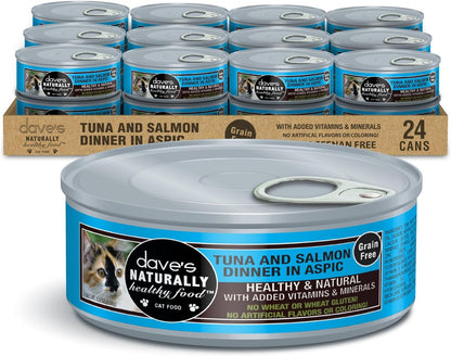 Dave's Pet Food Grain Free Wet Cat Food (Tuna & Salmon Dinner in Aspic), Naturally Healthy Canned