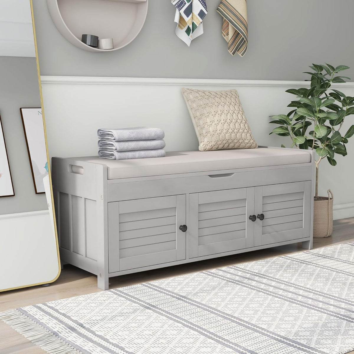 Storage Bench with 3 Shutter-Shaped Doors, Wood Shoe Bench with Removable Cushion and Hidden