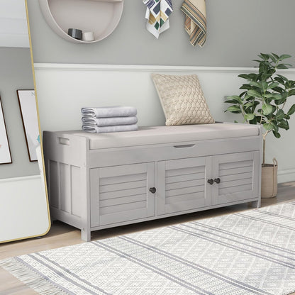 Storage Bench with 3 Shutter-Shaped Doors, Wood Shoe Bench with Removable Cushion and Hidden