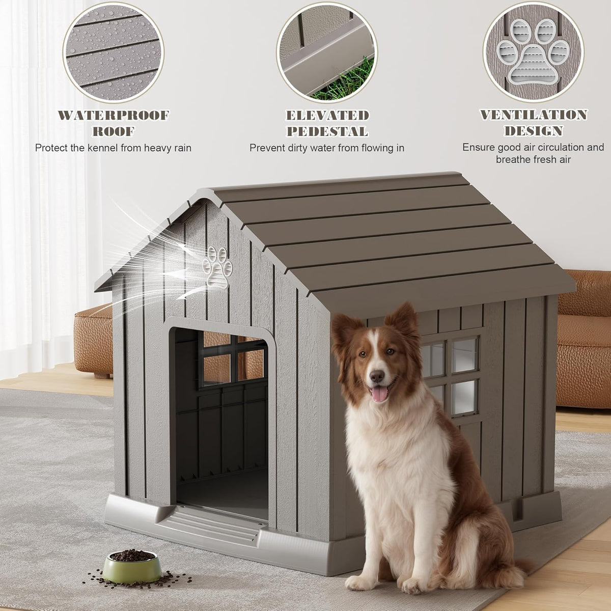 Large Dog House Outdoor Indoor for Medium Large Dogs, Durable Plastic Waterproof Doghouse with Air