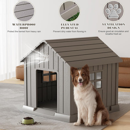 Large Dog House Outdoor Indoor for Medium Large Dogs, Durable Plastic Waterproof Doghouse with Air