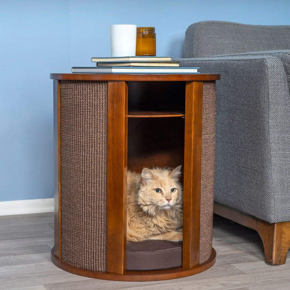 THE REFINED FELINE Purrrrfect End Table Cat Bed Cave in Mahogany Brown, Multipurpose Wood Cat