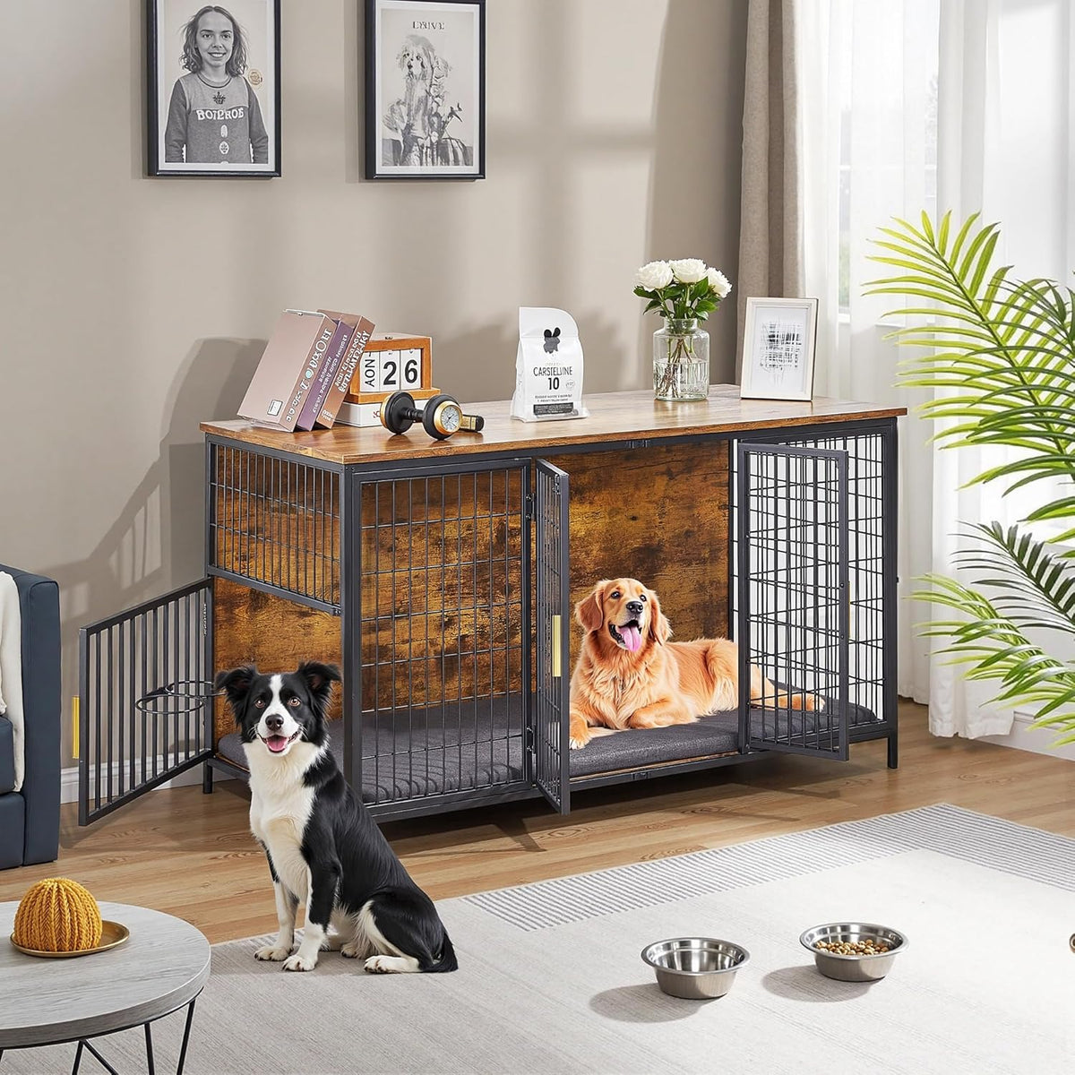 VECELO Dog Crate Furniture for Medium/Large Dogs, Wooden Dog Cage with Cushion, Double Door, Dog
