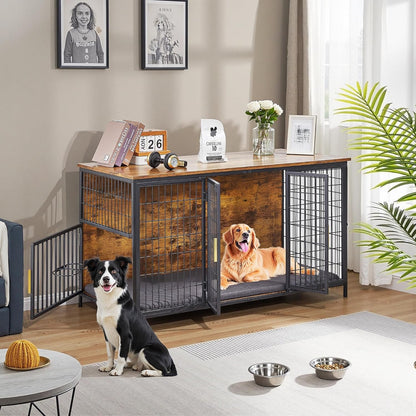 VECELO Dog Crate Furniture for Medium/Large Dogs, Wooden Dog Cage with Cushion, Double Door, Dog