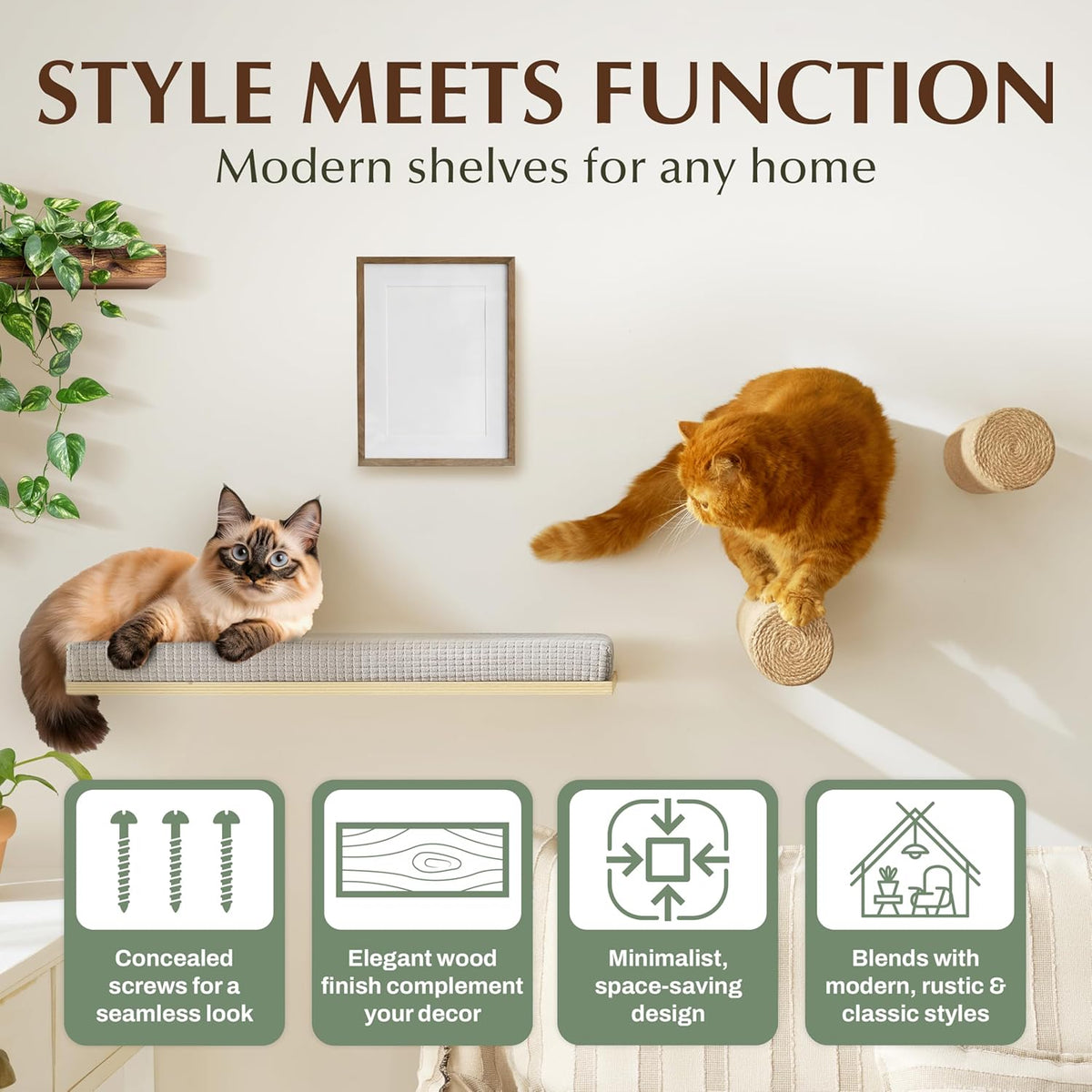 Extra Large 23.6”x12.6” CALLICO HAVEN- Stylish Cat Wall Shelves with Cushion, Modern Wall-Mounted