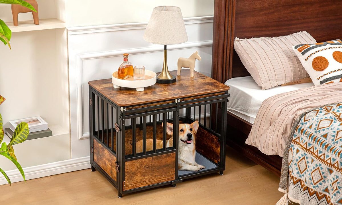 KOOPRO 32 Inch Dog Crate Furniture with Cushion for Large Medium Dogs, Wooden Heavy Duty Dog Kennel