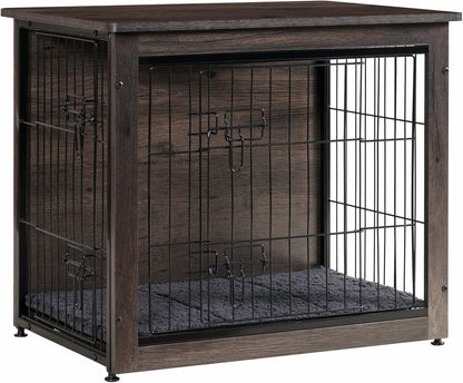 DWANTON Dog Crate Furniture with Cushion, Wooden Kennel Table with Double Doors, Indoor Dog House