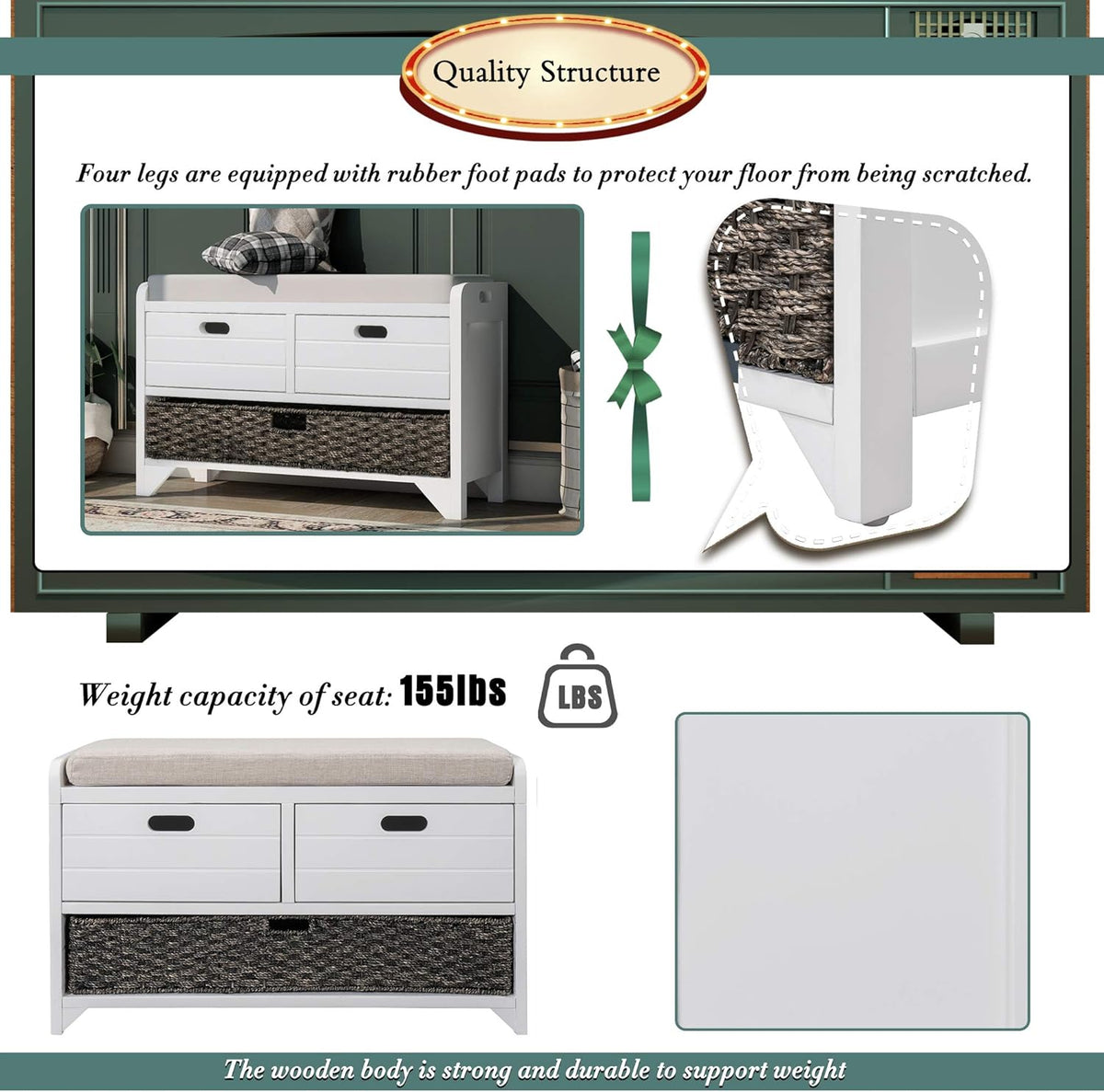 Storage Bench Removable Basket 2 Drawers Fully Assembled Acacia Wood Shoe Bench Standing Shoe Rack