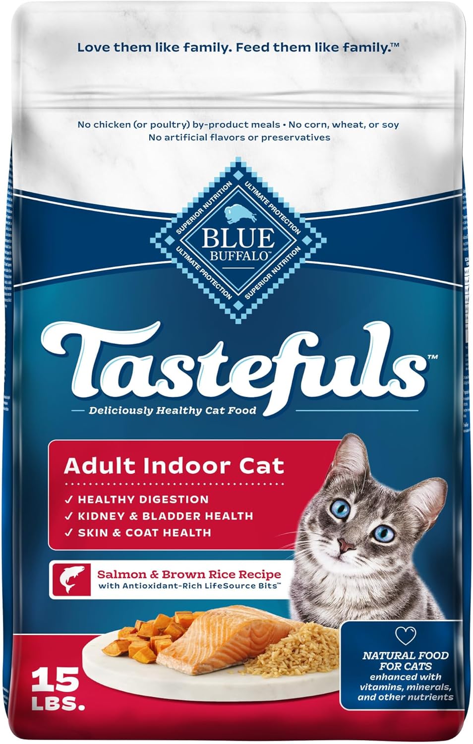 Blue Buffalo Tastefuls Natural Dry Food for Adult Indoor Cats, Salmon & Brown Rice Recipe, 15-lb.