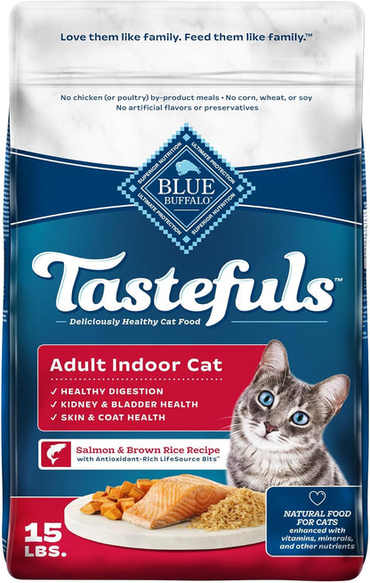 Blue Buffalo Tastefuls Natural Dry Food for Adult Indoor Cats, Salmon & Brown Rice Recipe, 15-lb.