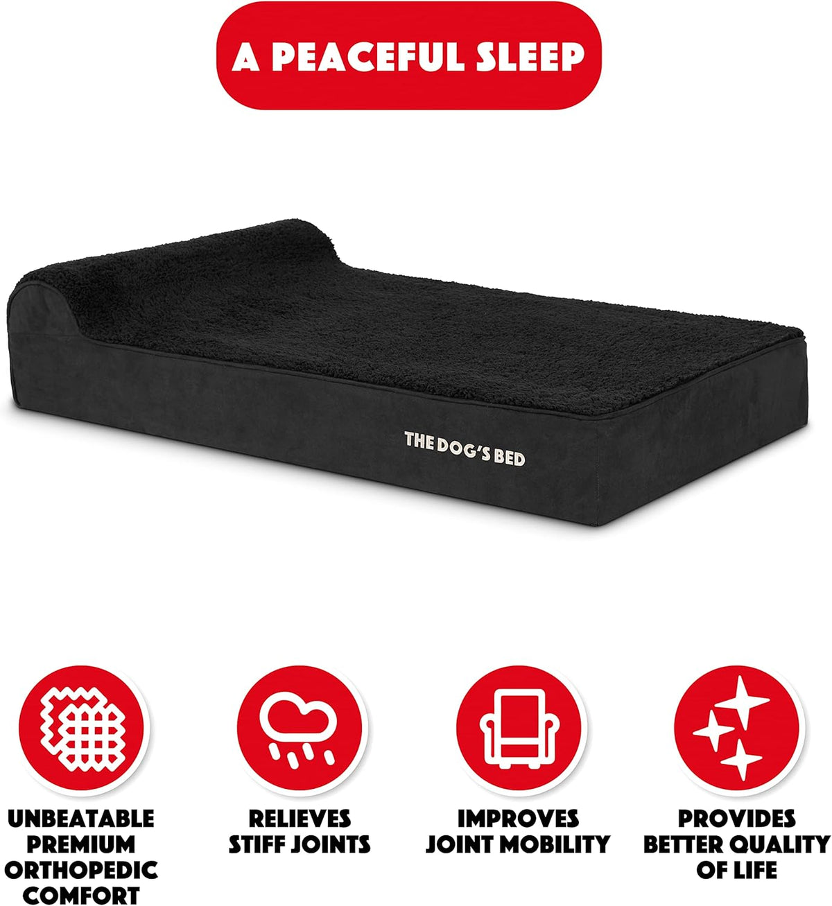 The Dog’s Bed Orthopedic Headrest Dog Bed XL Black Plush 46x28, Memory Foam, Pain Relief for