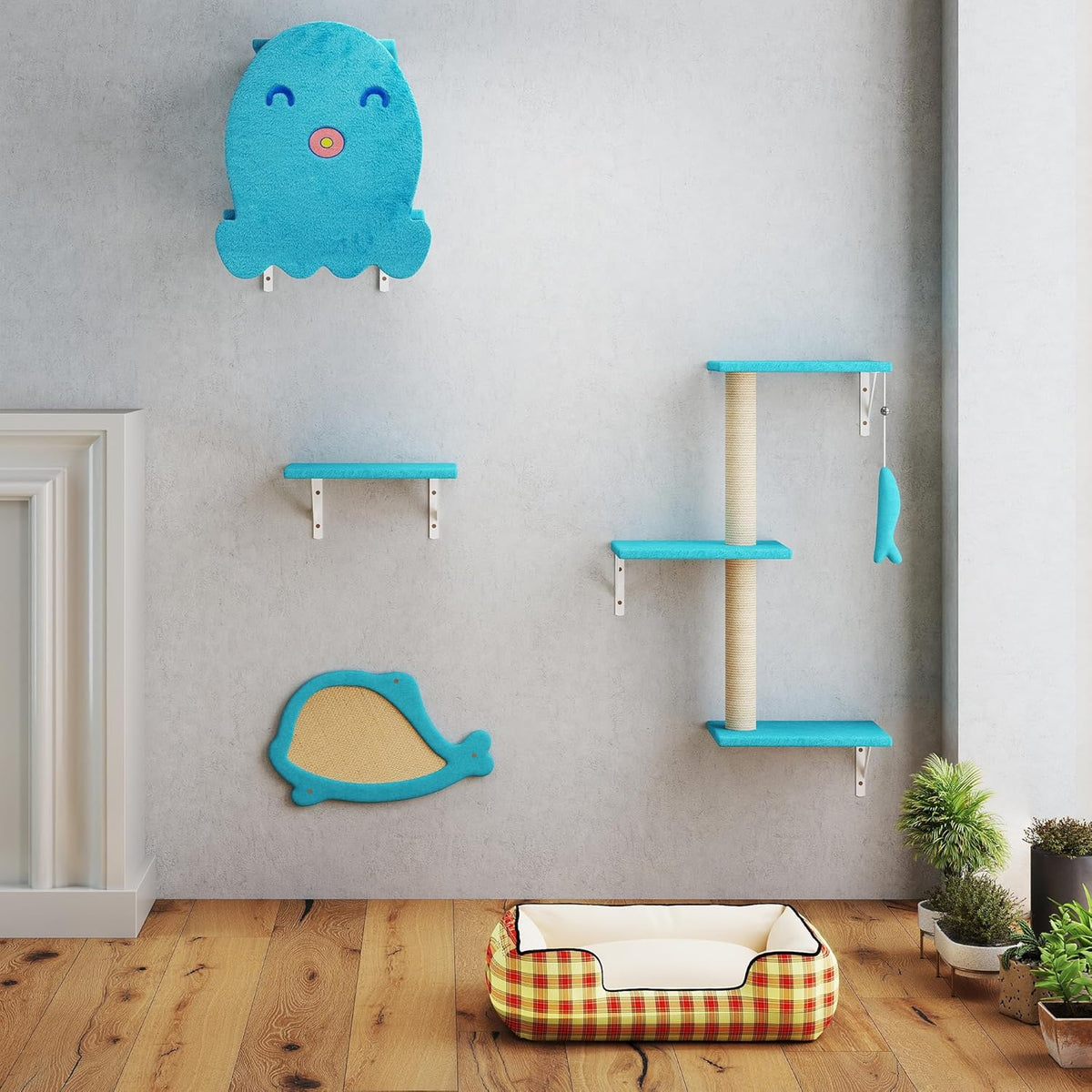 COZIWOW 4-Piece Wall-Mounted Cat Tree Set – Sturdy Wood Pet House, Scratching Board, Platforms