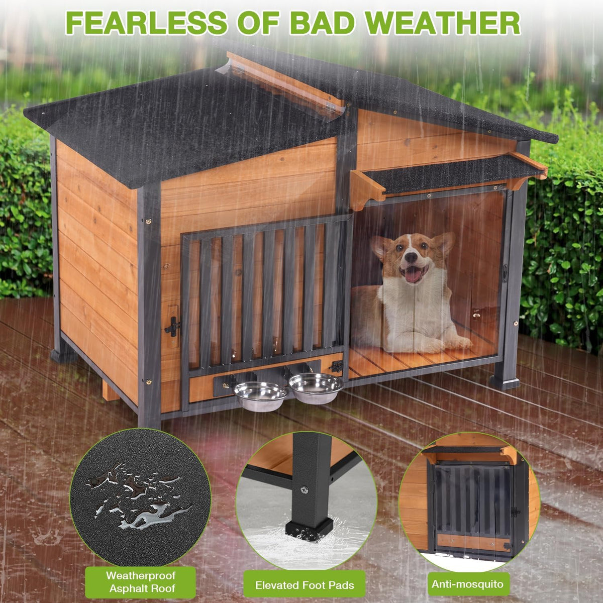 Dog House Outdoor with Bowls Weatherproof Dog Kennel with Anti-Chewing Iron Frame Dog Shelter for