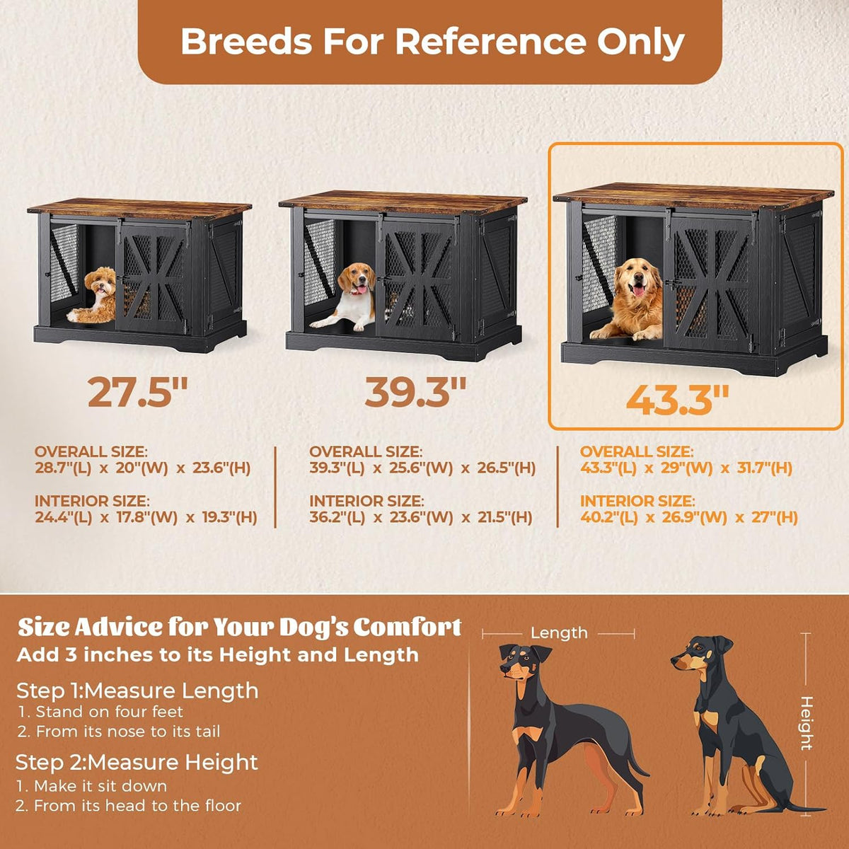 VOPEAK 43.3" XL Dog Crate Furniture, Chew Resistant Dog Crate for Medium Large Dogs, Heavy Duty