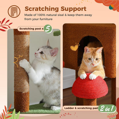 PEQULTI Mushroom Cat Tree Floor to Ceiling Cat Tower Adjustable Height (90.5''-100.4'' =