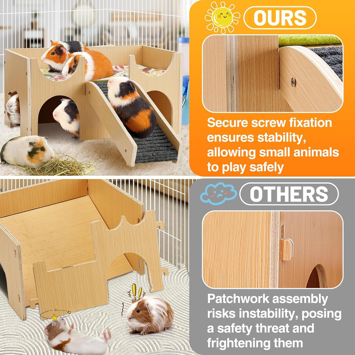 Upgraded Guinea Pig Castle, Sturdy Wooden Guinea Pig Hideout, Small Animal House Bed Hut Habitats