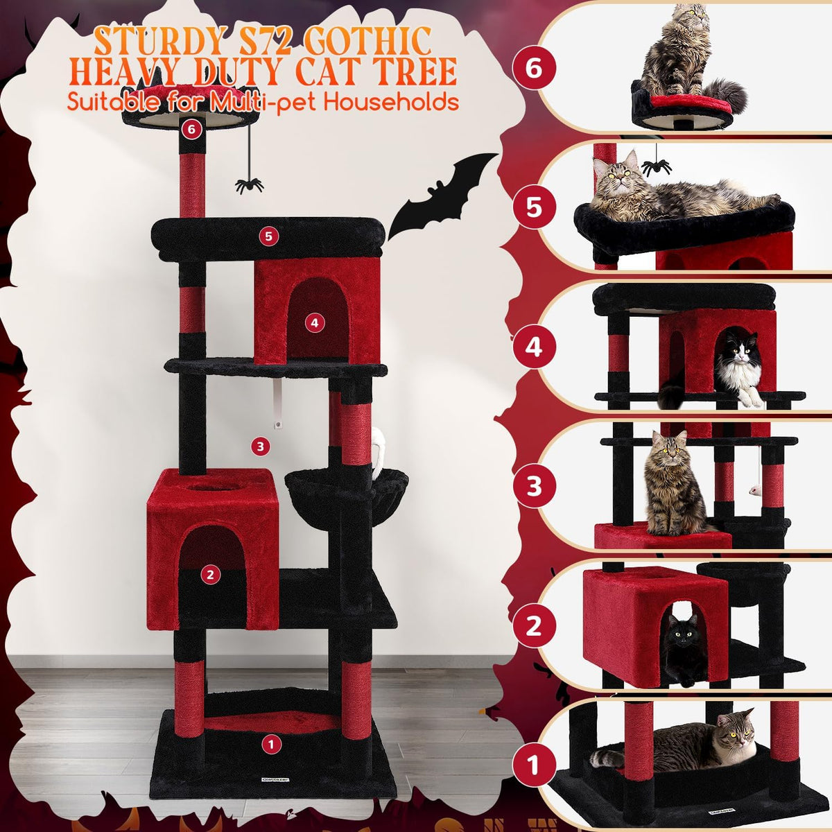 Globlazer Heavy Duty Gothic Cat Tree, 72in Large Cat Tower with Coffin Bed, Sturdy Maine Coon Cat
