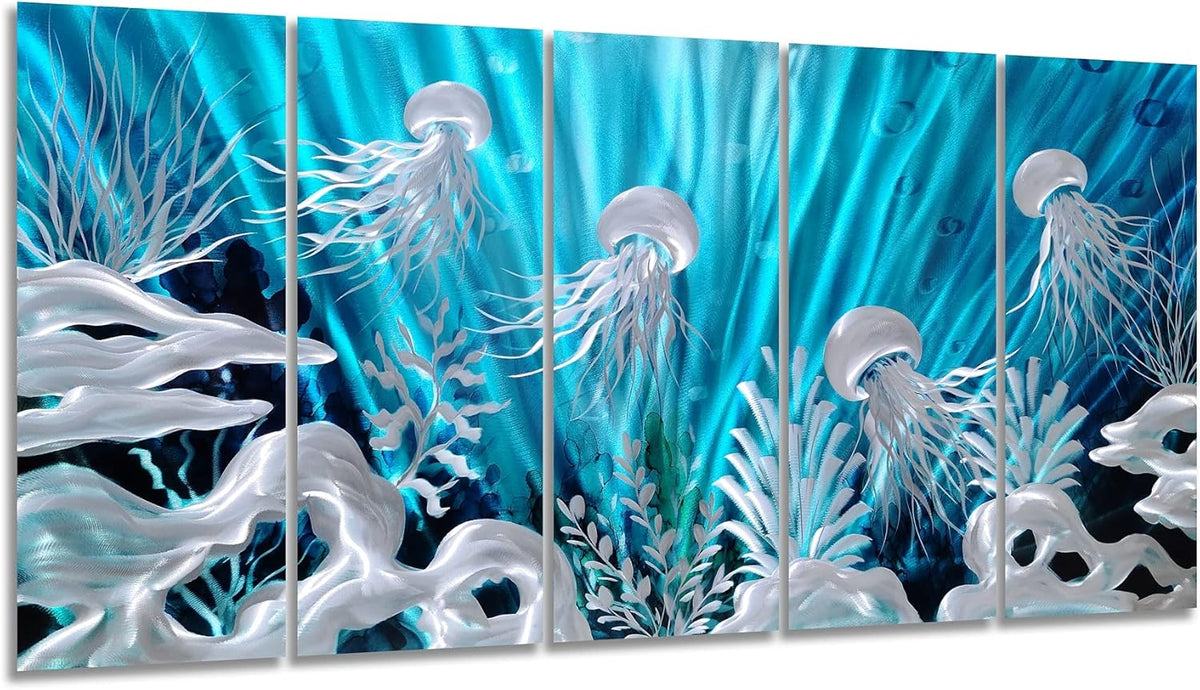 SYGALLERIER Jelly Fish Large Metal Wall Art Hand Grind Aluminum Artwork 3D Undersea World Coastal