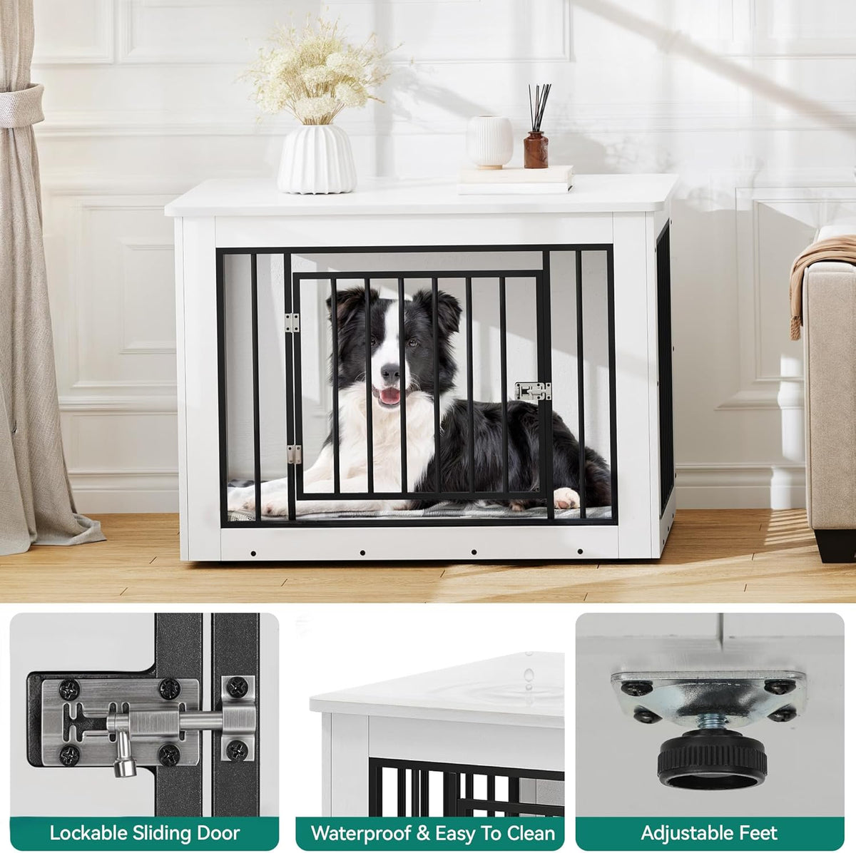 YITAHOME 38.2" L Dog Crate Furniture for Large Dogs, 2-in-1 Iron-Wood Fusion Dog cage Indoor up to