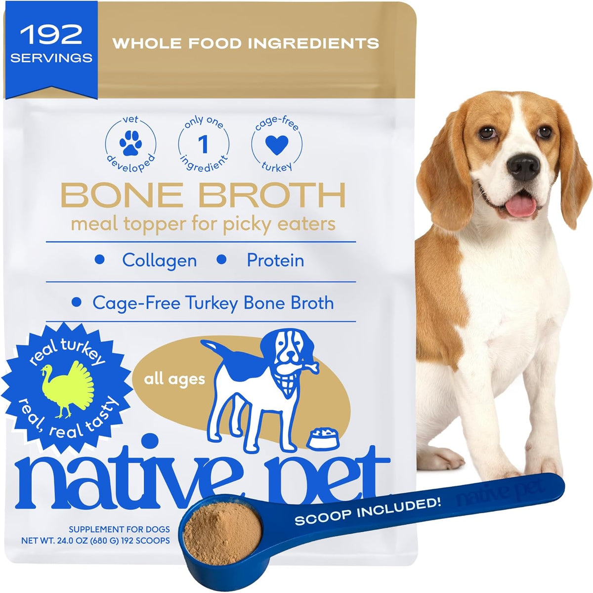 Native Pet Bone Broth for Dogs and Cats - Turkey Bone Broth Powder Dog Food Toppers for Picky